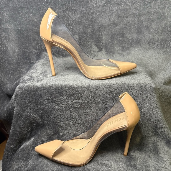 Schutz Cendi Pumps Size 6.5B Stilleto Pointed Toe Clear Vinyl and Patent Leather - Picture 3 of 13